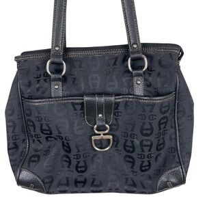 Etienne Aigner Black Signature Logo Jacquard Leather Trim Tote Handbag